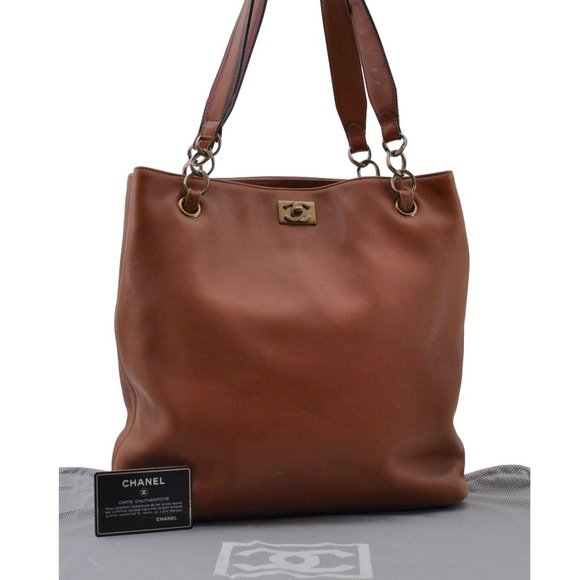 Auth CHANEL Calf Leather Demi Chain Satchels Shoulder Tote Handbag Card +Dustbag - Picture 1 of 1